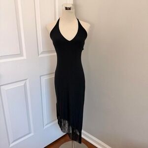 Y2K BLACK BLACK MARKET ASYMMETRICAL FRINGE MIDI DRESS